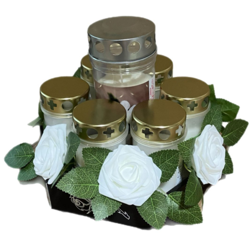 Trauer-Gedenk-Set mit Qualitäts-Kerzen von Hofer-Kerzen weisse Kunstrosen